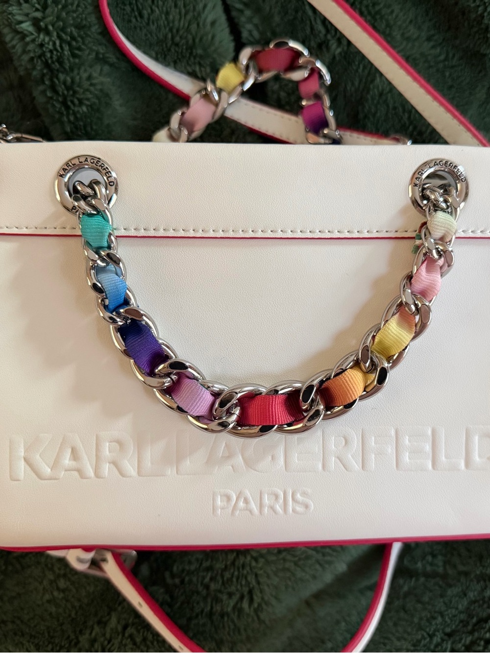 KARL LAGERFELD Savoie SATCHEL White Leather Chain Crossbody BAG Purse NWT $198 🌈 - Picture 3 of 15